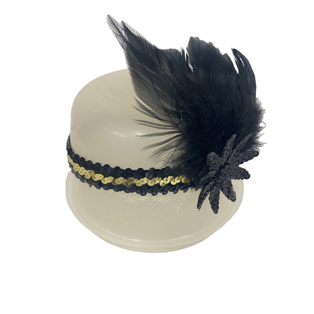1920s womens flapper head piece band sequins black gold feathers‎ costume